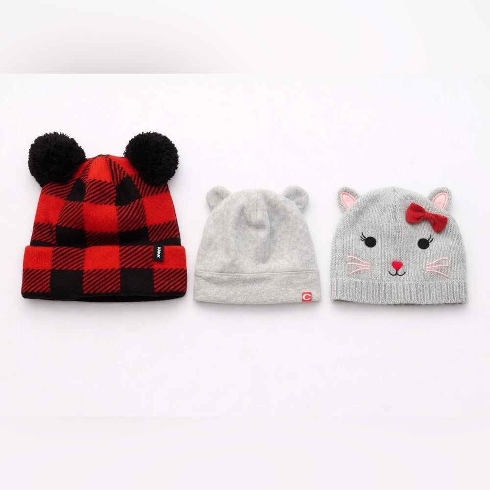 Kids Winter Beanie Hats Lot of 3 Buffalo Plaid Pom Pom Bear Ears Cat Gray Red